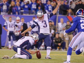 New England Patriots kicker Stephen Gostkowski (3) kicks the game-winning field goal against the New York Giants with 1 second remaining in the game at MetLife Stadium. Jim O'Connor-USA TODAY Sports