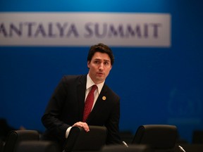 Prime Minister Justin Trudeau waits prior to a session of the G20 summit, in Antalya, Turkey, on Nov. 15, 2015. (AP Photo/Lefteris Pitarakis)