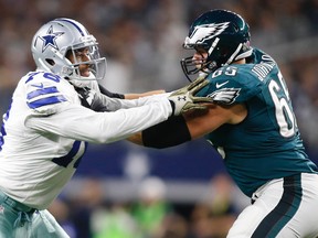 Dallas Cowboys defensive end Greg Hardy (left) is blocked by Philadelphia Eagles tackle Lane Johnson (65) at AT&T Stadium. (Tim Heitman/USA TODAY Sports)