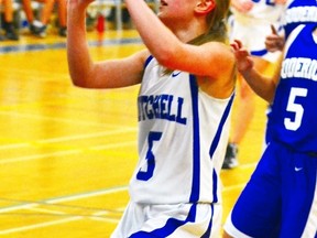 Mitchell's Kayla Bublitz goes for the shot during a senior girls quarter-final game against Goderich DCVI Nov. 9. Mitchell won 44-21 and advanced to the semi-finals in Exeter, losing by one point Nov. 11, 31-30. GALEN SIMMONS/MITCHELL ADVOCATE