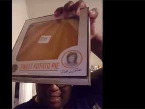 A screengrab from James Wright's video review of Patti LaBelle's sweet potato pies. (YouTube