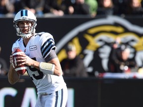 Toronto Argonauts’ Ricky Ray looks to pass during the Eastern Division semifinal against the Hamilton Tiger-Cats in Hamilton Sunday, Nov. 15, 2015. (THE CANADIAN PRESS/Frank Gunn)