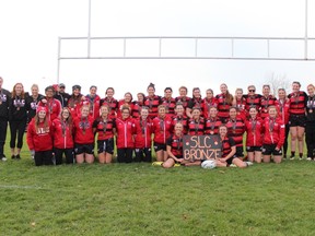 The host St. Lawrence Vikings rallied from a halftime deficit to beat the Loyalist Lancers 31-15 in the Ontario Colleges Athletic Association women’s rugby bronze-medal game on Saturday. (Photo courtesy of SLC Athletics)