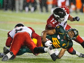 Adarius Bowman snags a ball during this year's Labour Day rematch (Perry Nelson, Edmonton Sun).