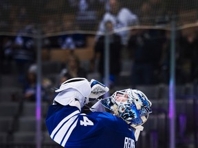 Toronto Maple Leafs goalie James Reimer reacts after defeating the Vancouver Canucks at the Air Canada Centre in Toronto on Nov. 14, 2015. (THE CANADIAN PRESS/Nathan Denette)