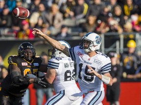 Toronto Argonauts quarterback Ricky Ray throws a pass against the Hamilton Tiger-Cats during the first half of their CFL East semifinal playoff game at Tim Hortons Field in Hamilton on Nov. 15, 2015. (REUTERS/Mark Blinch)