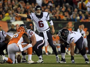 Houston Texans quarterback T.J. Yates gestures during a NFL football game at Paul Brown Stadium in Cincinnati on Nov. 16, 2015. (Kirby LeeéUSA TODAY Sports)