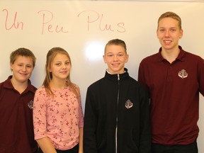 Ryan Datema, Hannah Dube, Bishop Kaiser and Bram O'Connor (left to right) are students at Ecole secondaire catholique Notre-Dame. The French Catholic school board created a new video, called Un Peu Plus (A little more), which was shown to students on Nov. 16 to kick off Bullying Awareness and Prevention Week. (MEGAN STACEY/Sentinel-Review)