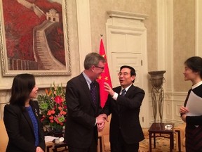 Ottawa Mayor Jim Watson and Beijing Mayor Wang Anshun met at Beijing City Hall to discuss tourism and business partnerships, and to witness the signing of five business agreements. SUBMITTED PHOTO