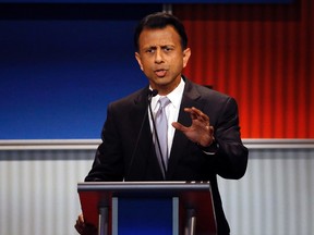 This Nov. 10, 2015, file photo shows Bobby Jindal speaking during Republican presidential debate at Milwaukee Theatrein Milwaukee. Jindal has told the White House he wants to know how many Syrian refugees have been placed in Louisiana. The letter released Saturday, Nov, 14, 2015, says he wants that and other information "in hopes that the night of horror in Paris is not duplicated here."(AP Photo/Morry Gash)