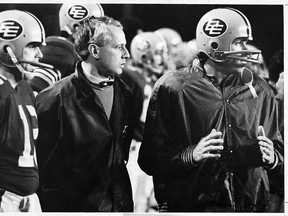 Former Eskimos coach Ray Jauch and quarterbacks Tom Wilkinson, left, and Bruce Lemmerman keep a close eye on the action during one of the team's 1970s runs for the Grey Cup. (Postmedia Network file)