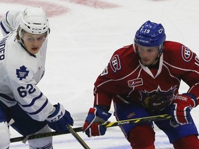 William Nylander of the Toronto Marlies in his first home game against the Hamilton Bulldogs with Christian Thomas in Toronto on Jan. 24, 2015. (Veronica Henri/Toronto Sun/QMI Agency)