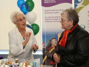 John Lappa/Sudbury Star
Patricia Park, left, and Diane Myre, of the Sudbury Rising Stars, perform a skit at the launch of a public awareness campaign on Tuesday. The North East Local Health Integration Network, along with five public health units, introduced a campaign to help seniors prevent falls, maintain good health and live independently for as long as possible.