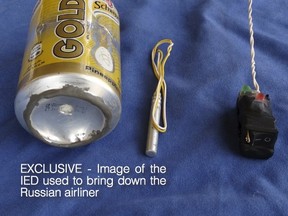 A photo published in Islamic State magazine Dabiq shows a can of Schweppes Gold soft drink and what appeared to be a detonator and switch on a blue background. (REUTERS/Social Media)
