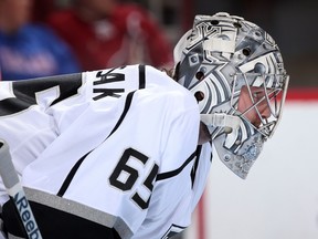 Goaltender Patrik Bartosak of the Los Angeles Kings looks down ice during a rookie camp game against the Arizona Coyotes at Gila River Arena on September 16, 2014 in Glendale, Arizona. (Christian Petersen/Getty Images/AFP)