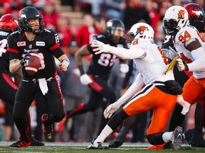 The Stampeders offensive line lost a  couple of members during Sunday's divisional semifinal against the B.C. Lions. (Al Charest, Postmedia Network)