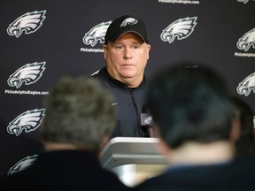 Philadelphia Eagles head coach Chip Kelly speaks with members of the media at the NFL football team's practice facility, Monday, Nov. 16, 2015, in Philadelphia. (AP Photo/Matt Rourke)