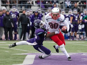 Guelph Gryphons receiver Jacob Scarfone, a London native, fights to escape the clutch of Western Mustangs defensive back Clay Harris during the Yates Cup game at TD Stadium on Saturday. (CRAIG GLOVER, The London Free Press)