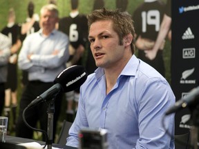 New Zealand All Black captain Richie McCaw announces his retirement from rugby union during a media conference at New Zealand Rugby headquarters in Wellington, Thursday, Nov. 19, 2015.  (Mark Mitchell/New Zealand Herald via AP)