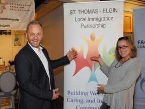 We Are St. Thomas-Elgin's charismatic hosts Paul Jenkins and Cindy Bircham attend the official launch party of the Rogers Television show at GCW Custom Kitchens and Cabinetry Tuesday afternoon. The program, organized by the St. Thomas-Elgin Local Immigration Partnership, features newcomers and their stories of resettlement in Canada.