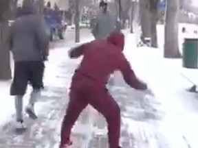 Kevin Hart tries to run on the icy sidewalks of Saskatoon. (Facebook screen shot)