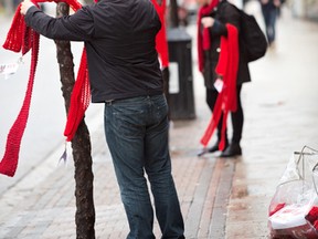 A volunteer wraps a red scarf around a tree in support of the Red Scarf Project for HIV/AIDS awareness. The project is coordinated by the Regional HIV/AIDS Connection and is sponsored by Union Gas, who provides the yarn.