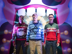 Anthony Mackie, Seth Rogen and Joseph Gordon-Levitt in The Night Before. (Image via Sony Pictures)