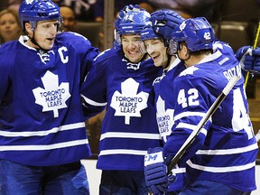 Toronto Maple Leafs right-wing P.A. Parenteau (15) celebrates his second goal against the Colorado Avalanche in Toronto on Tuesday November 17, 2015. (Craig Robertson/Toronto Sun)