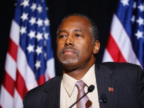 Republican presidential candidate, Dr. Ben Carson speaks at a news conference, Monday, Nov. 16, 2015, in Henderson, Nev. Carson called for Congress to cut off funding for resettlement of Syrian immigrants in the U.S. (AP Photo/John Locher)