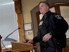 Emily Mountney-Lessard/The Intelligencer
Belleville Police Cst. Mark Hall shares a report about his downtown patrol experiences with the police services board, on Thursday in Belleville.