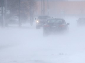 Blowing snow caused slippery conditions and reduced visibility in Winnipeg on Thursday. (CHRIS PROCAYLO/WINNIPEG SUN PHOTO)
