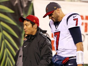 Houston Texans quarterback Brian Hoyer (7) walks off the field to the locker room in the second half against the Cincinnati Bengals at Paul Brown Stadium. Aaron Doster-USA TODAY Sports