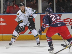 Cliff Pu #63 of the London Knights gets set to make a pass against the Oshawa Generals during an OHL game at Budweiser Gardens on November 19, 2015 in London, Ontario, Canada. The Knights defeated the Generals 5-2.  (Claus Andersen/Getty Images/AFP)