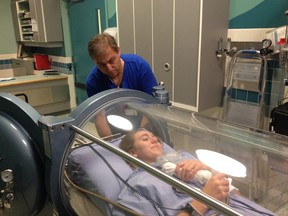 A patient in a Hyperbaric chamber at the Misericordia Hospital