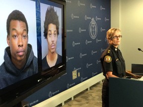 Two men and a girl, 17, face human trafficking charges after a 13-year-old girl was forced into the sex trade for a month, police say. Insp. Joanna Beaven-Desjardins says (left to right) Alico Allen, 19, and Kahmal Howard Paris, 22, were arrested Wednesday along with the 17-year-old girl. (CHRIS DOUCETTE/TORONTO SUN)