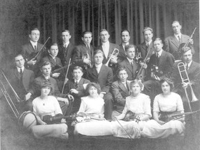 London photographer George A. Henry took this image of a group of young London musicians more than 100 years ago. Dated 1910, the original photograph?s accompanying information suggests the seated trombone player on the left is Gordon Thompson and Stewart (or Stuart) Thompson is the trumpet player standing in the middle of the back row. Research also suggests Melville (Mel) Platt is possibly seated in the middle of the ensemble, but without an instrument. (Courtesy of London Public Library Ivey Family London Room)