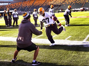 Anthony Batiste during Friday's Edmonton Eskimos' practice at Commonwealth Stadium in Edmonton, Alta., on  Nov 20, 2015. Perry Mah/Edmonton Sun/Postmedia Network