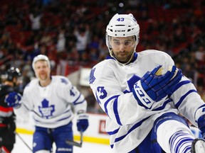 Toronto Maple Leafs forward Nazem Kadri celebrates his 3rd period tying goal against the Carolina Hurricanes at PNC Arena. (James Guillory/USA TODAY Sports)