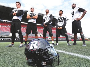 From left: RedBlacks receivers Greg Ellingson, Brad Sinopoli, Maurice Price, Chris Williams and Ernest Jackson. (Tony Caldwell/Postmedia Network)