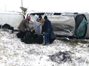 Members of Sudbury’s Murder Murder Sam Cassio, Jon Danyliw, Kris Dickson, Steph Duchesne, Geoff McCausland and Barry Miles, along with their sound technician Matt Wiewel were on their way out west when high winds sent their passenger van off the highway, just outside of Whitewood, SK.