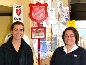 Kettle Coordinator Emily Sykes (left) and Cadet Kaitlin Adlam pose for a picture with the empty kettle at Walkom's valu-mart in Mitchell Nov. 18. The Salvation Army's annual Christmas Kettle Campaign officially began in Mitchell on Nov. 19 and will run until Christmas Eve. This year, the Mitchell/Stratford Kettle Campaign goal is to raise $110,000, all of which will come back into the community to support the food banks and Salvation Army programs. GALEN SIMMONS/MITCHELL ADVOCATE