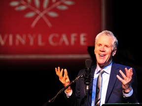 Stuart McLean, host of CBC's The Vinyl Cafe, does a soundcheck before his performance at the Douglas J. Cardinal Performing Arts Centre in Grande Prairie, Alta., on Oct. 25, 2012. (AARON HINKS/DAILY HERALD-TRIBUNE/Postmedia Network)