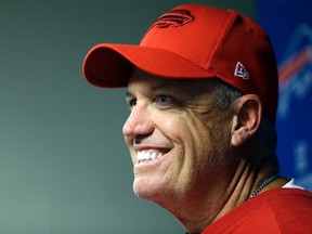 Buffalo Bills coach Rex Ryan talks to reporters after the Bills defeated the New York Jets 22-17 in an NFL football game Thursday, Nov. 12, 2015, in East Rutherford, N.J. (AP Photo/Seth Wenig)