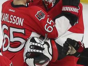 The Senators took on the Philadelphia Flyers at Canadian Tire Centre on Saturday Nov 21, 2015. Senators goalie Craig Anderson and Erik Karlsson hug after defeating the Flyers 4-0 giving Anderson his second shutout in a row.  
Tony Caldwell/Ottawa Sun