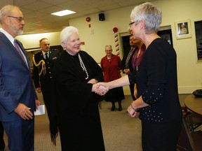 Lieutenant Governor of Ontario Elizabeth Dowdeswell greets members of Bridge Street United Church during the 200th anniversary celebration at the church on Saturday November 21, 2015 in Belleville, Ont. Emily Mountney-Lessard/Belleville Intelligencer/Postmedia Network