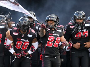 The Ottawa RedBlacks, led by William Powell (29), emerge from the tunnel as the club hosted the Hamilton Tiger-Cats in the CFL's East Division final on Sunday, Nov. 22, 2015. (Chris Hofley/Ottawa Sun)