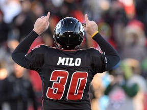 Ottawa Redblacks kicker Chris Milo celebrates a field goal during second half action against the Hamilton Tiger-Cats in the CFL East Division final in Ottawa, Sunday November 22, 2015. THE CANADIAN PRESS/Sean Kilpatrick