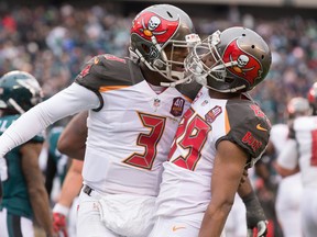 Tampa Bay Buccaneers quarterback Jameis Winston (3) and wide receiver Russell Shepard (89) celebrate their touchdown connection during the second quarter against the Philadelphia Eagles at Lincoln Financial Field. Bill Streicher-USA TODAY Sports