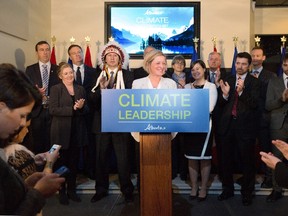 Premier Rachel Notley unveils Alberta's climate strategy in Edmonton, Alberta, on Sunday, November 22, 2015. The new plan will include carbon tax and a cap on oilsands emissions, among other strategies. (Amber Bracken/Canadian Press)