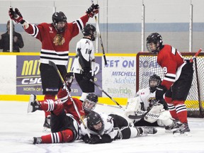 Wil Marcy (8) of the Mitchell Hawks raises his arms in celebration of Garrett James’ second goal of the game Sunday when Mount Forest paid a visit in Western Jr. C hockey league action. James, playing his first home game as a Hawk after joining the team last week, recorded a hat trick in a 6-3 Mitchell win. ANDY BADER/MITCHELL ADVOCATE